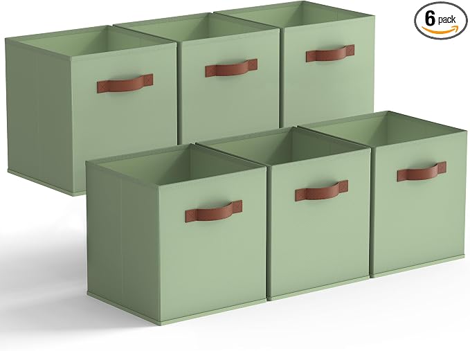 GRANNY SAYS 13 Inch Storage Cubes Organizer, Decorative Cube Storage Bins, Fabric Storage Bins with PU Handles, Collapsible Cubes Bins, Storage Cubes for Shelves, Closet, Sage Green, 6-Pack by GRANNYSAYS