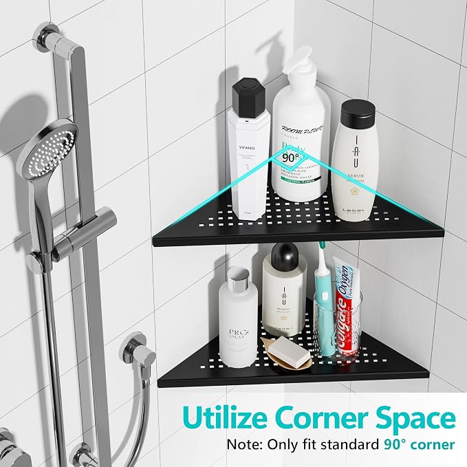 Qeke Corner Shower Shelves, 10” Recessed Tile Shower Shelf Matte Black, 304 Stainless Steel Grout in Corner Tile Bathroom Shelves, No Drilling, 2 Pack - Image 3