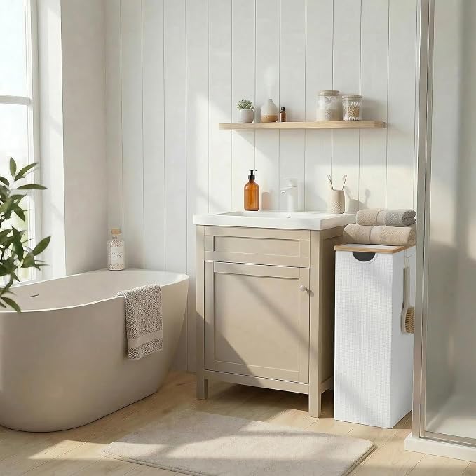 efluky Slim Laundry Basket with Lid, Narrow Laundry Hamper with Removable Bag, Skinny Dirty Clothes Basket with Bamboo Handles for Bathroom, Bedroom & Laundry Room, 65L White - Image 2