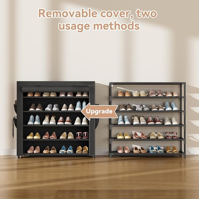 LANTEFUL Shoe Rack with Covers 5 Tier Tall Shoe Rack Organizer Large Capacity Shoe Shelf Storage 20-24 Pairs Space Saving Free Standing Shoe Storage Organizer for Closet, Entryway, Dorm, Black - Image 5