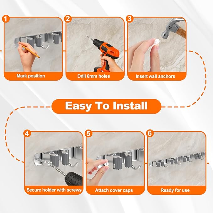 Broom Holder Wall Mount, Mop and Broom Organizer Broom Hanger Storage Tool Utility Racks Stainless Steel Wall Hooks Solid Mop Rack for Home Kitchen Garden Laundry Garage (5 Racks 4 Hooks) - Image 4