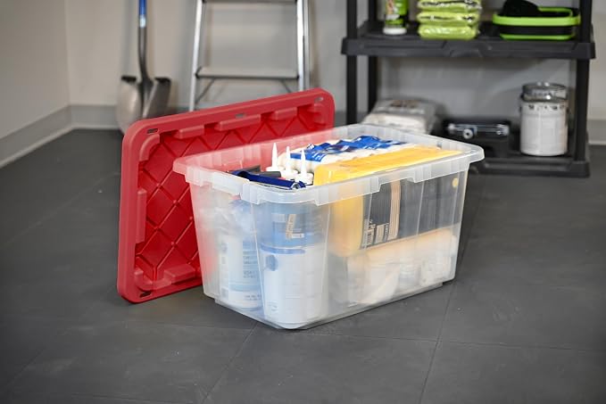 CX BLACK & YELLOW, XTRA TALL 27-Gallon Heavy Duty Clear Storage Container & Snap-Tight Lid, Clear & Red (28.5L x 19.4W x 15.2H), Weather-Resistant, Stackable, See-Through Organization Tote - Image 2