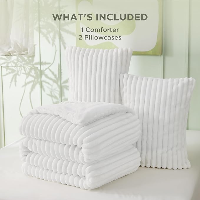 Bedsure Comforter Set Queen Size - GentleSoft™ 3 Pieces Double-Side Fleece Fluffy Bright White Comforter Set, Cozy Striped Room Decor Aesthetic, Luxury Bedding Queen Size, 2 Pillowcases, 90x90 Inches