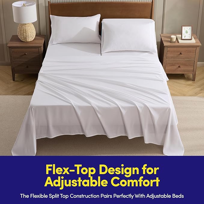 Split Head King Sheets Set for Adjustable Beds 4 Piece Flex Top Bed Sheets – Deep Pocket Split Top Fitted Sheet with Built-in Corner Straps, Luxury Soft Cooling Bedding, Wrinkle Resistant, White