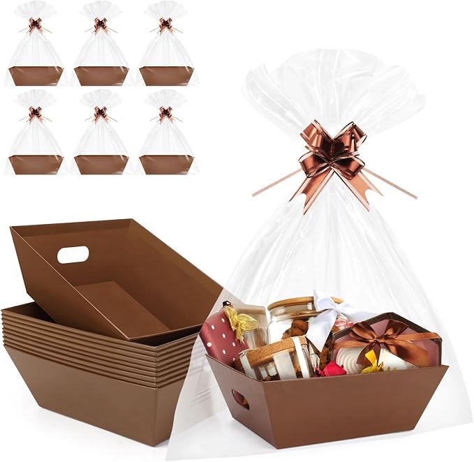 AFOROEOA 10PACK Baskets for Gifts Empty, 10x12”Thick Brown Gift Basket with Handles 10 Bows 10 Bags Empty Gift Baskets for Christmas Thanksgiving Wedding Birthday Party Wrapping Gift by AFOROEOA