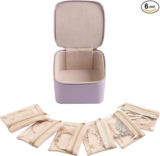 Frebeauty Small Travel Jewelry Box,Travel Jewelry Case with 6 Pouch Bags,Portable Travel Jewelry Organizer,Mini Jewelry Storage,3.35 x 4.9 x 4.8 Inches,Gift Idea for Women Girls (Purple) by Frebeauty