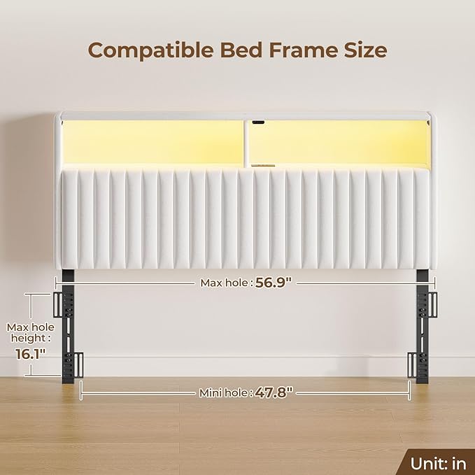 Rolanstar Headboard for Full Size Bed with Storage, 60,000 DIY Color of LED Light, Head Board with USB & Type C Port, Height Adjustable, Velvet Upholstered, Comfortable Modern, Light White