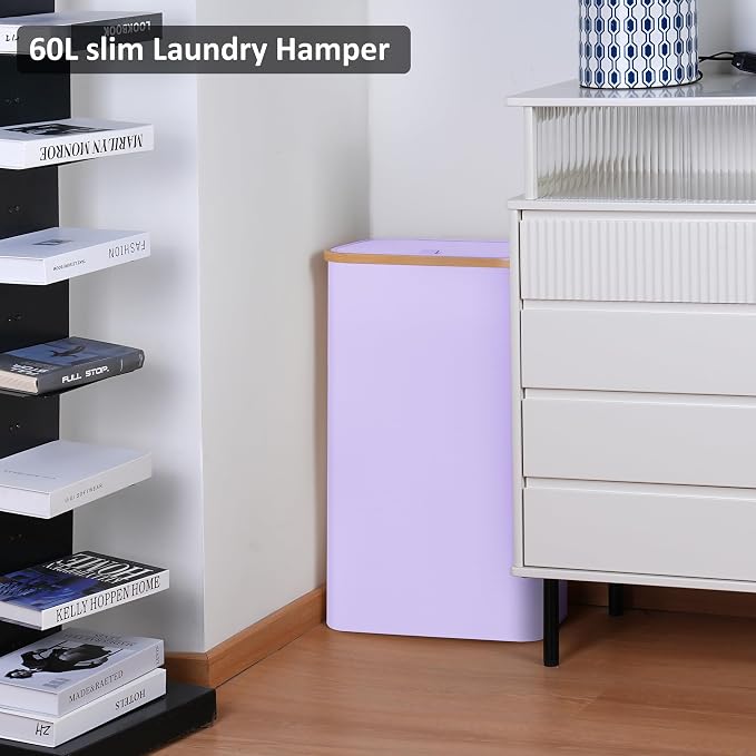 Slim Laundry Basket,60L Laundry Hamper with Lid, Tall Hamper for Laundry,Dirty Cloth Hamper with Bamboo Handle for Toys,Towels, Clothes Organizing,Purple - Image 4