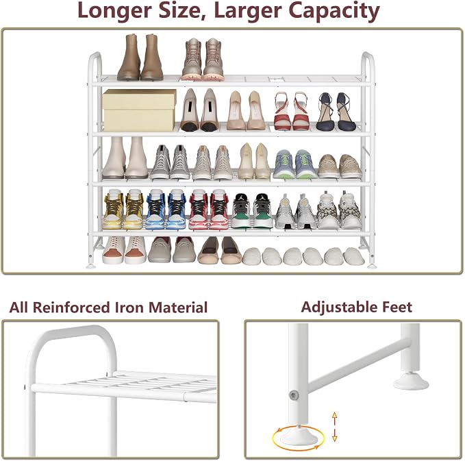 LINZINAR Shoe Rack Long 4 Tier Shoe Storage Organizer Metal Wide Shoe Shelf for Closet Entryway Bedroom 30 Paris Large Capacity, White - Image 5