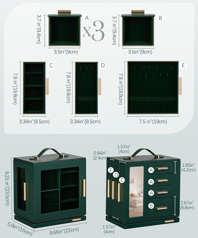 Homde Jewelry Box for Women Large: Rotating Organizer for Ring Earring Necklace Bracelet - 7 Drawers Storage for Dresser (Forest Green) - Image 6