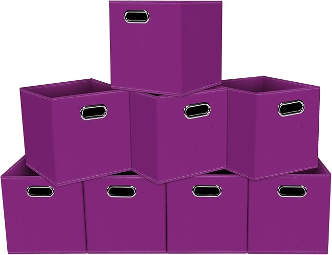 Fabric storage bins Cubes, Fabric Cube Organizer with Handle, Foldable Cube Bins for Cloth or Accessary Storage, 11x11x11, Set of 8, (Purple) by Yunkeeper