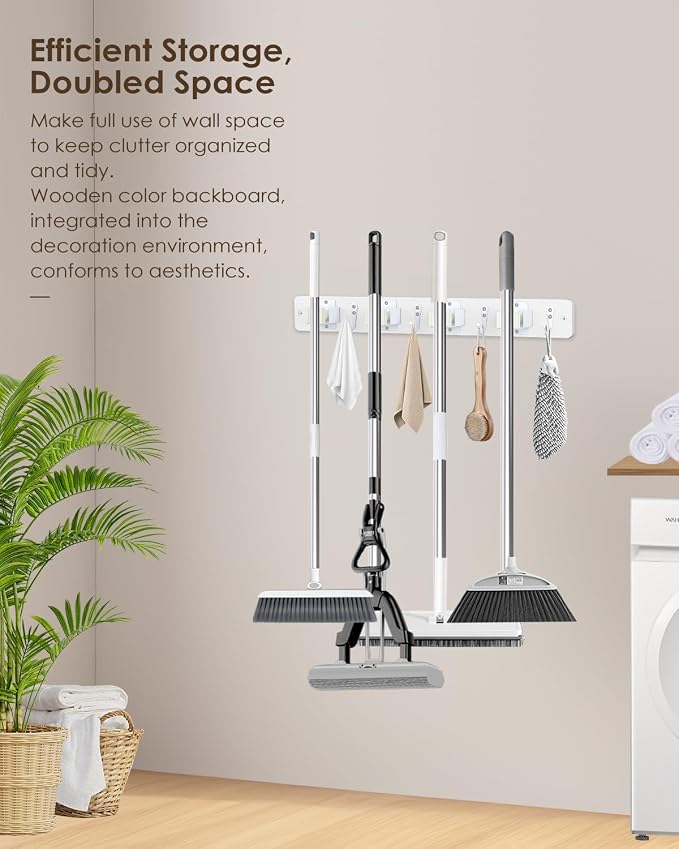 AceMining Broom Holder Wall Mounted, White 4 Holders and 4 Hooks Mop Holder, Wooden Mop and Broom Holder with Anti slip rubber, Natural pine wood Brush Holder, Mop Wall Holde with Nail installation - Image 5