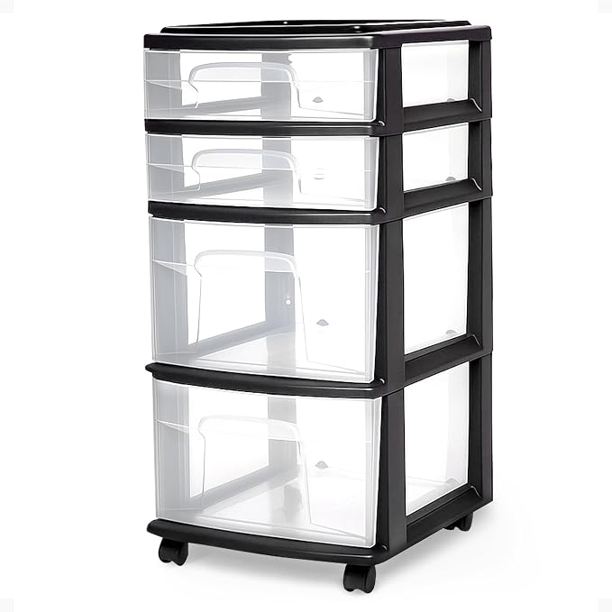HOMZ Drawer Tower, 4-Tier Clear Plastic Storage Organizer Cart, Black Frame - Multi-Purpose Rolling Drawers with Wheels for Bedroom, Bathroom, and Office Organization by Homz