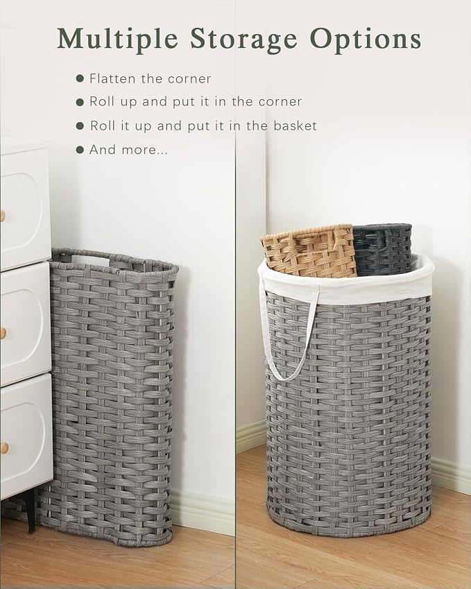 SETVSON Laundry Basket with Lid Round Rattan Laundry Hamper with Lid and Handles 29.1 Gal (110 L) Handwoven Woven Basket with Removable Bags and 2 Mesh Bags for Bathroom Living Room Gray - Image 5