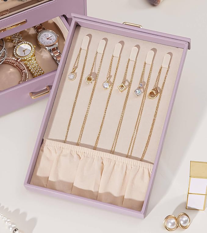 Homde Jewelry Organizer with Transparent Window Necklace Hooks Gift for Women Jewelry Box Display Case for Necklaces Rings Earrings Bracelets and Other Accessories (Grey Purple) - Image 9
