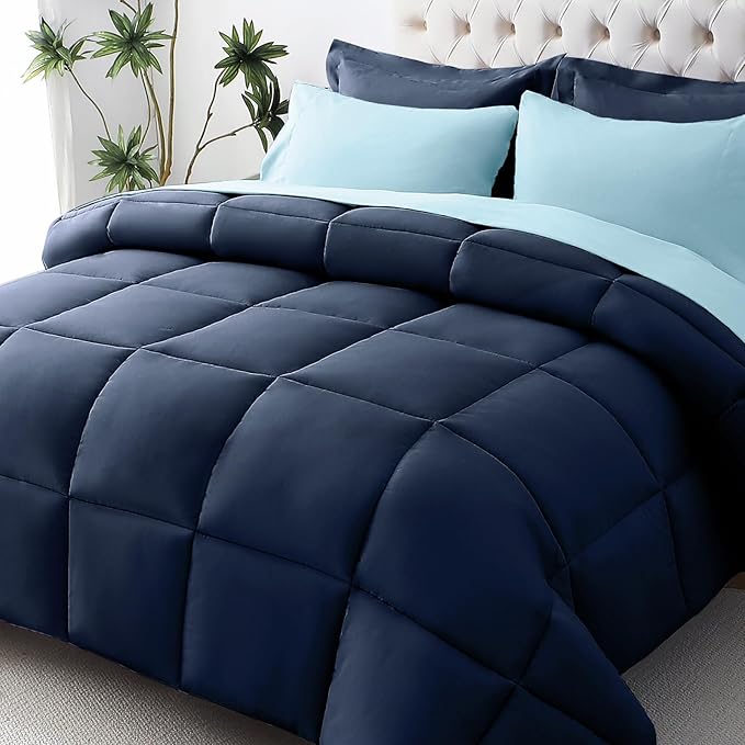 JOLLYVOGUE Full Comforter Set, Ultra-Soft Bed in a Bag Full Size 7 Pieces, Oeko-TEX Certified Bedding Set with Down Alternative Comforter, Sheets, Pillowcases & Shams, Navy & Light Blue