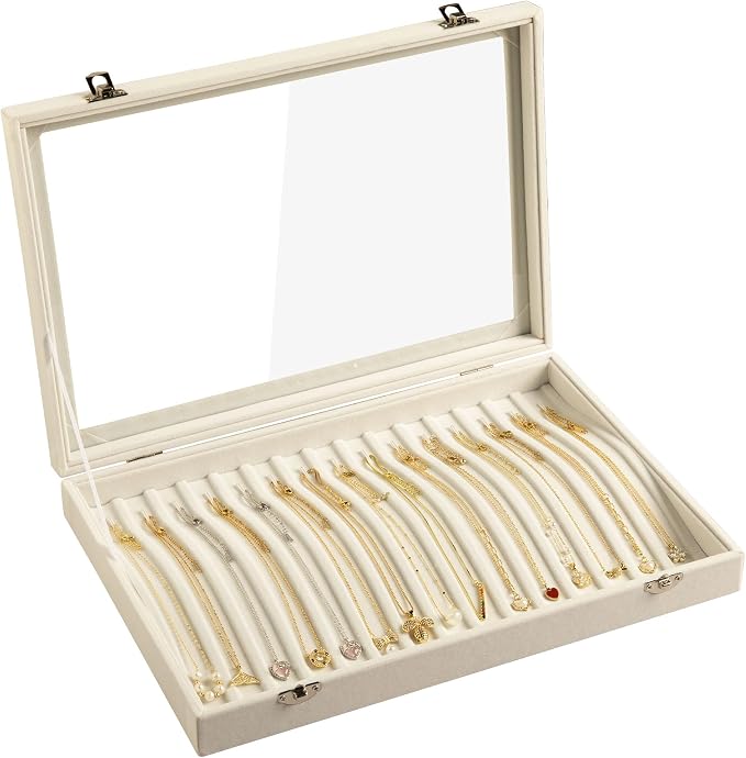 Frebeauty 15 Hooks Necklace Tray Velvet Neckalce Organizer with Clear Lid Lockable Necklace Holder Box Jewelry Organizer for Pendants Chains Necklace Jeweley Tray for Women Girls(Beige) by Frebeauty
