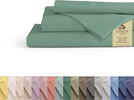 Linen Home 100% Cotton Percale Sheets Twin Size, Frosty Green, Deep Pocket, 3 Pieces Set - 1 Flat, 1 Deep Pocket Fitted Sheet and 1 Pillowcase, Crisp Cool and Strong Bed Linen