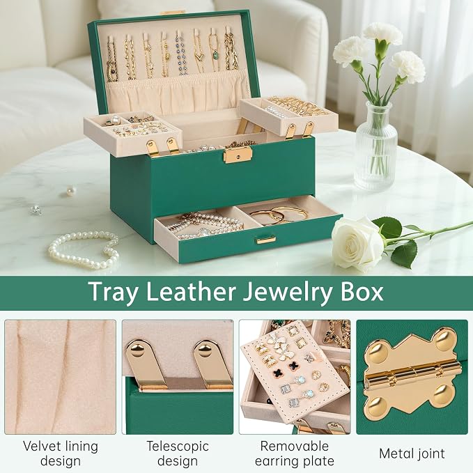 AKOZLIN Travel Jewelry Box Organizer Functional 2-trays Leather Jewelry Storage Case with Lockable Portable Drawer for Women Girls Ring Necklace Earring Bracelet - Image 3
