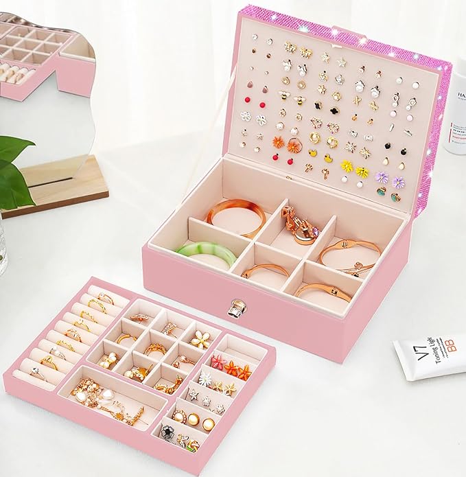 QBestry Jewelry Box for Earrings for Girls Jewelry Organizer Box Earring Holder Organizer for Girl Earring Box Jewelry Box Stud Earring Organizer for Girls Earring Jewelry Boxes for Women Pink Bling - Image 2