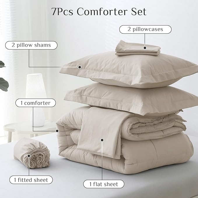 JOLLYVOGUE King Comforter Set, Ultra-Soft Bed in a Bag King Size 7 Pieces, Oeko-TEX Certified Bedding Set with Down Alternative Comforter, Sheets, Pillowcases & Shams, Oatmeal