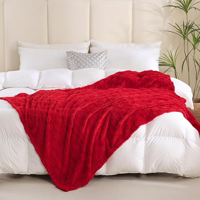 Red Fleece Throw Blanket 90”×90” for Couch Sofa Bed,Super Soft Cozy Plush Microfiber Flannel Blanket with 3D Checkered Design Lightweight for Adults,Woman,Girls