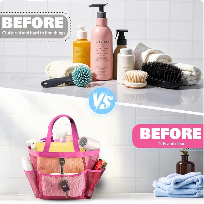 LOYEE Mesh Shower Caddy Portable for College Dorm Room Essentials with 8 Pockets, Shower Bag for Beach, Swimming, Gym, Travel, Bathroom(All rose pink) - Image 5