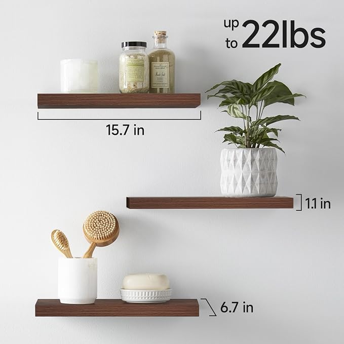 BAYKA Floating Shelves for Wall, Set of 3, Wall Mounted Rustic Wood Shelves for Bathroom, Bedroom, Living Room, Kitchen, Small Hanging Shelf for Books/Storage/Room Decor, Walnut-Like, 15.7in - Image 3