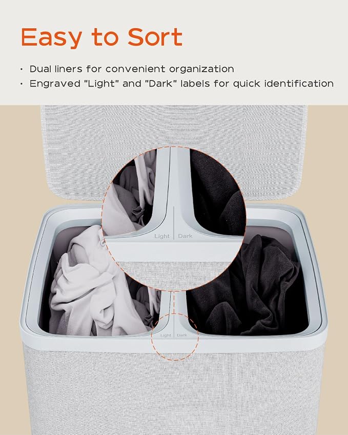 CASAMAYA Laundry Basket with Lid, Laundry Hamper 2 Section, 170L collapsible Laundry Organizer, Easy Assembly, with Handles and Removable Liners, 22 x 15.7 x 29.5 Inches, Gray JSP903G - Image 5