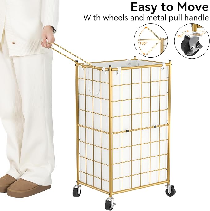WOWLIVE Laundry Hamper with Wheels,Metal Wire Frame Rolling Laundry Basket with Removable bag,100L Dirty Clothes Hamper Organizer Dorm Room Storage for Bedroom,Bathroom,Golden - Image 5