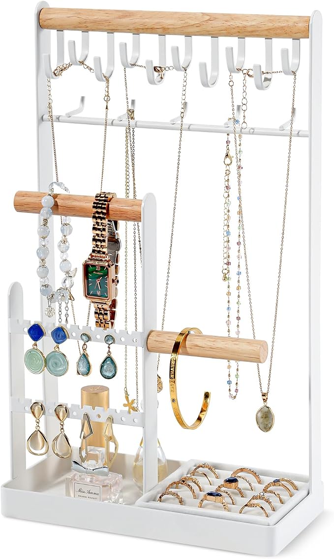 ProCase Jewelry Organizer Jewelry Stand Jewelry Holder Organizer, 4-Tier Necklace Organizer with Ring Tray, Large Aesthetic Jewelry Tower Storage Rack Tree for Bracelets Earrings Rings -Large, White by ProCase