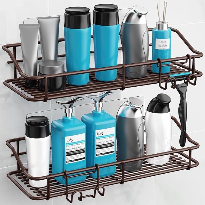 Nieifi Shower Caddy Shelf with Hooks Storage Rack Organizer Adhesive Stainless Steel without Drilling for Bathroom, Lavatory, Washroom, Restroom, Shower, Toilet, Kitchen (Brown, 3 Pack) - Image 3