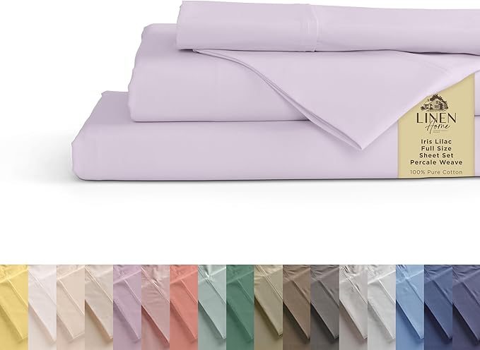 Linen Home 100% Cotton Percale Sheets Queen, 16" Deep Pocket - 4Pc Set, Crisp Cool Breathable Bed Linen, Made in Green, Iris Lilac