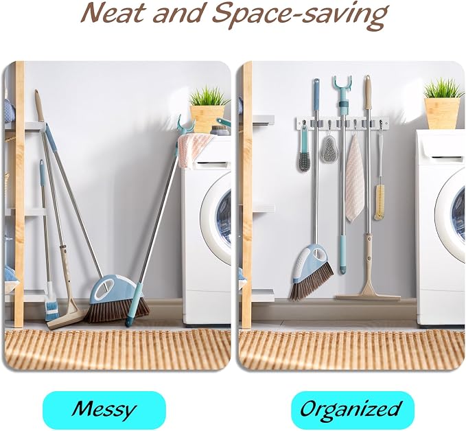 OUTNILI 2 Pack White Mop Broom Holder Wall Mount with 3 Slots & 4 Hooks - Rustic Wood Broom Mop Hanger for Pantry Kitchen Organization - Garden Tool Organizer for Closet Laundry Room - Image 5