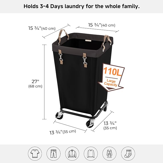 StorageWorks 110L Laundry Basket with Wheels, Large Rolling Hampers for Clothing Organizer, Dirty Clothes Basket for Hotel, Home, Closet, Dorm, Black - Image 3