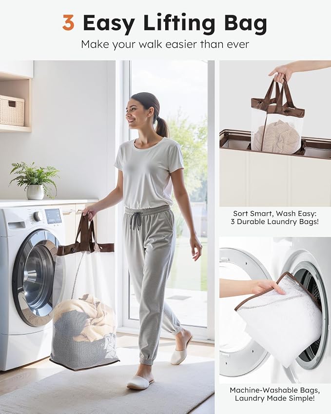 SOLEDI 180L Laundry Hamper 3 Section, Extra Large Laundry Hamper with Lid, Dirty Clothes Hamper with Sturdy Handle, Large Laundry Basket Organizer for Laundry Room, Bedroom, Hampers for Laundry - Image 4