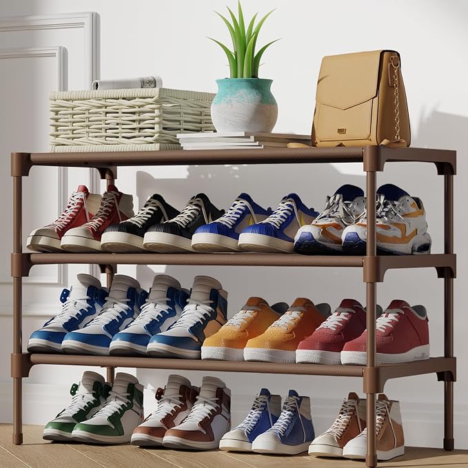 Kitsure Shoe Rack - Non-Woven Shoe Rack Shelf, Shoe Organizer for Closet, Entryway, Garage & Corridor, Stackable Shoe Shelves, 27.5" Wide - 3 Tier, Brown - Image 2