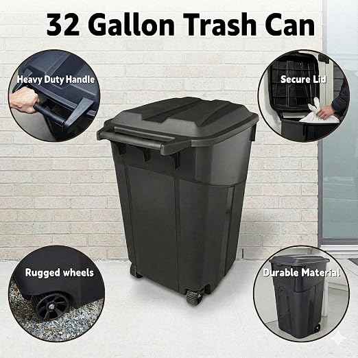 32 Gallon Outdoor Trash Can with Lid, Heavy-Duty Wheeled Garbage Bin for Backyard, Deck or Garage, Black, Can with Attached Snap Lock Lid and Heavy-Duty Handles (32 Gallon) - Image 3