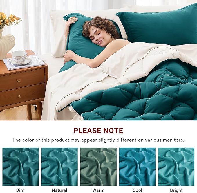 MUXHOMO 7 Pieces California King Comforter Set, Reversible Bed in a Bag Cal King Size, All Season Bedding Set with Comforter, Flat Sheet, Fitted Sheet, Pillowcases & Shams, Peacock Blue & Ivory