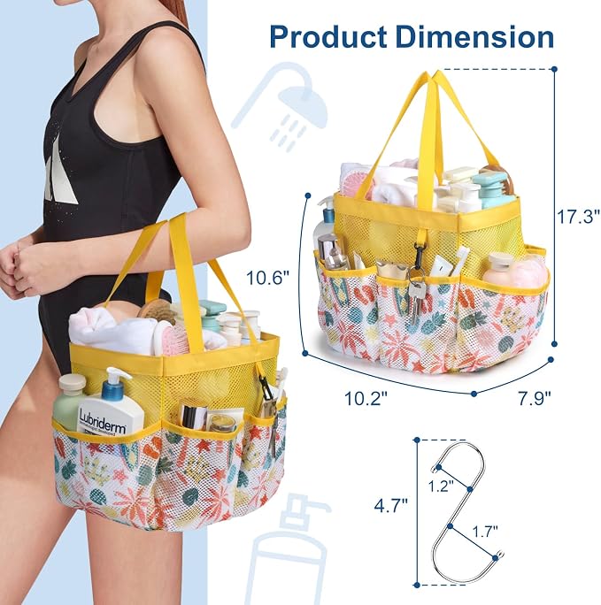 F-color Shower Caddy Portable - Mesh Shower Bag Basket Tote for College Dorm Room Essentials Bathroom Gym Camp Quick Dry for Women Men with S Hook, Yellow Beach - Image 2