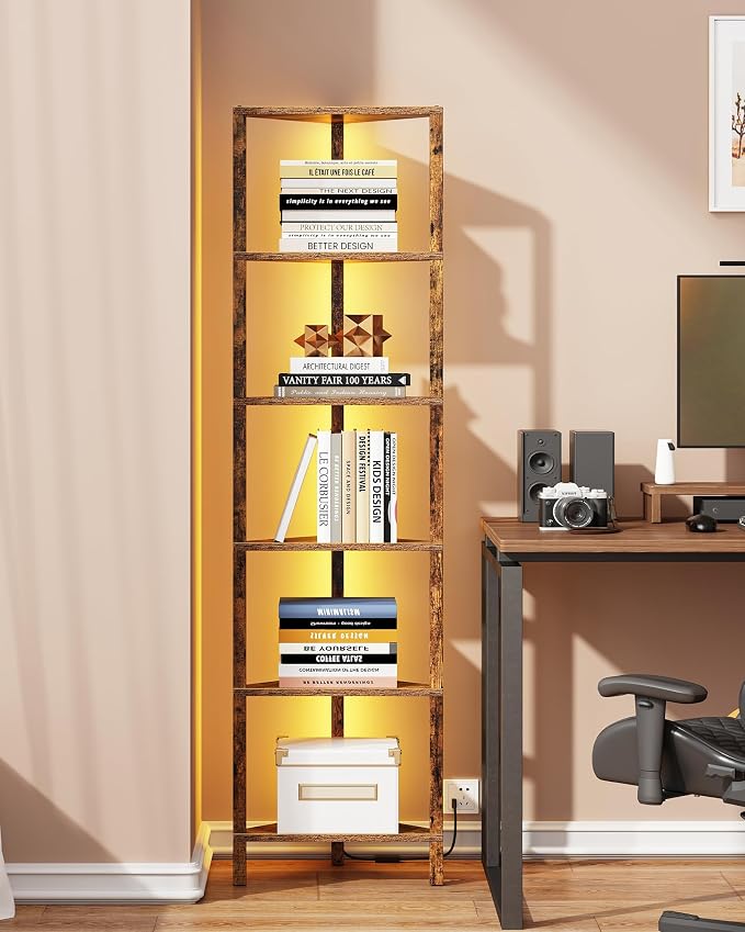 TUTOTAK Corner Shelf with LED Light, 6-Tier Corner Bookshelf for Small Space, Narrow Display Corner Shelf Stand with Storage Rack, for Living Room, Bedroom, Brown BS05BC006L by ChoosetutotakFurnitureBuildYourCozyHome