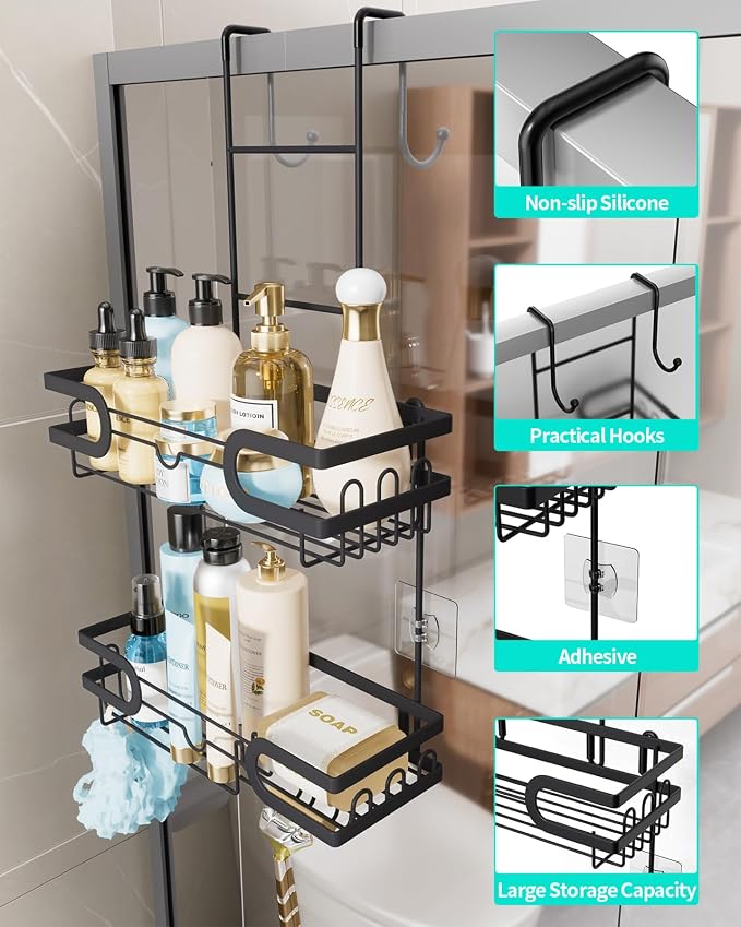 HapiRm Hanging Shower Caddy Over the Door with 14 Hooks and Soap Holder, No Drilling Adhesive Shower Storage, Rustproof & Waterproof Stainless Steel Bathroom Shelves - Black - Image 2