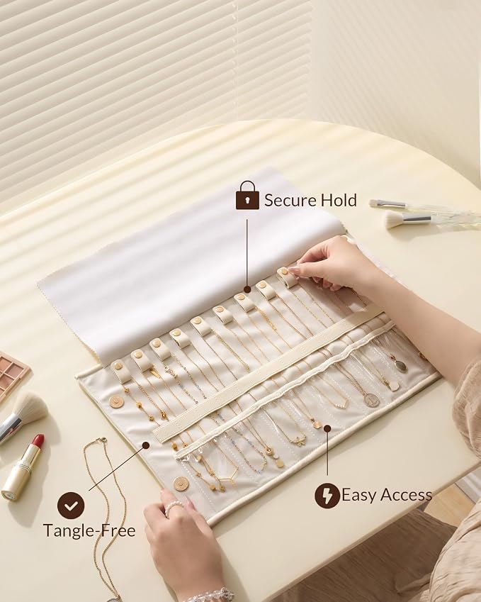 Lolalet Travel Necklace Organizer, Tangle-Free Necklace Case for Travel, Leather Foldable Roll Up Jewelry Storage Bag for Necklaces Chains Bracelets, Mothers Day Gift - Image 4