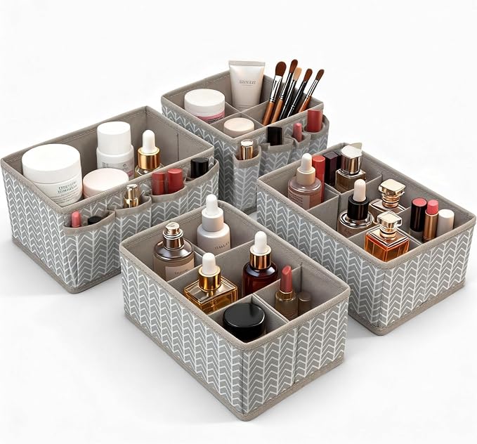 VERONLY Cosmetic Storage Bins Makeup Organizer, Adjustable Multifunction Storage Box Desk Drawer Divider for Makeup Brushes, Bathroom Countertop or Dresser, Set of 4 (Grey) by VERONLY