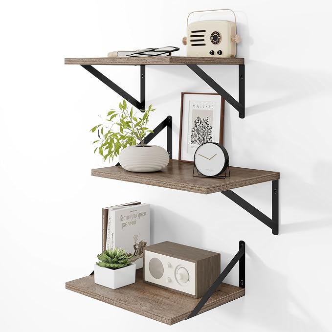Heimlove Deep Floating Shelves for Wall, 12 Inch Deep Floating Shelves Set of 3, 16W x 12D Wood Wall Shelves, Wide Wood Shelves with Metal Bracket for Living Room, Kitchen, Office, Bedroom - Grey by Heimlove