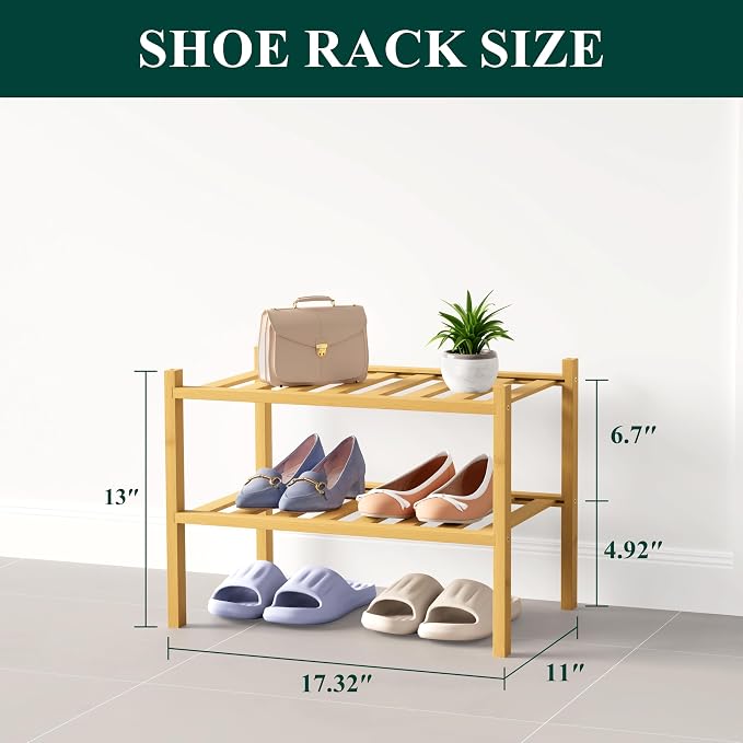 Smiry Bamboo Shoe Rack for Closet, 2 Tier Small Wooden Stackable Shoe Organizer, Free Standing Shoes Storage Shelf for Entryway, Front Door Entrance, Natural - Image 2
