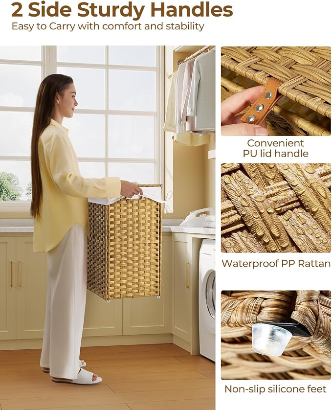 GREENSTELL Laundry Hamper with Lid, 90L Clothes Hamper with 2 Removable Liner Bags & 2 Mesh Laundry Bags, Handwoven Synthetic Rattan Laundry Basket for Clothes, Toys in Bathroom, Bedroom Natural - Image 3