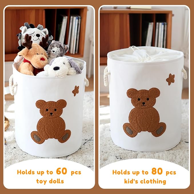 INough Large Laundry Basket Tall Baskets Storage for Dirty Clothes, Toys Storage Bins Baby Hamper 58L Clothes Hamper Blanket Basket Baby Toys Organizer for Nursery Bedroom Living Room Decor, Bear - Image 3