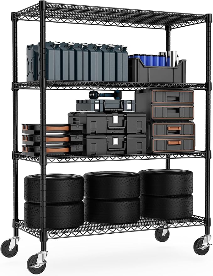 M MZG 53" W Storage Shelves 1760LBS 4 Tier Metal Shelving Unit with Wheels Heavy Duty Garage Shelving Adjustable Wire Shelves for Pantry,Kitchen,Garage,Basement,Black 23.6" D x 53.2" W x 73.6" H by MEIGAOPLASTICANDMETALHKCOLIMITED