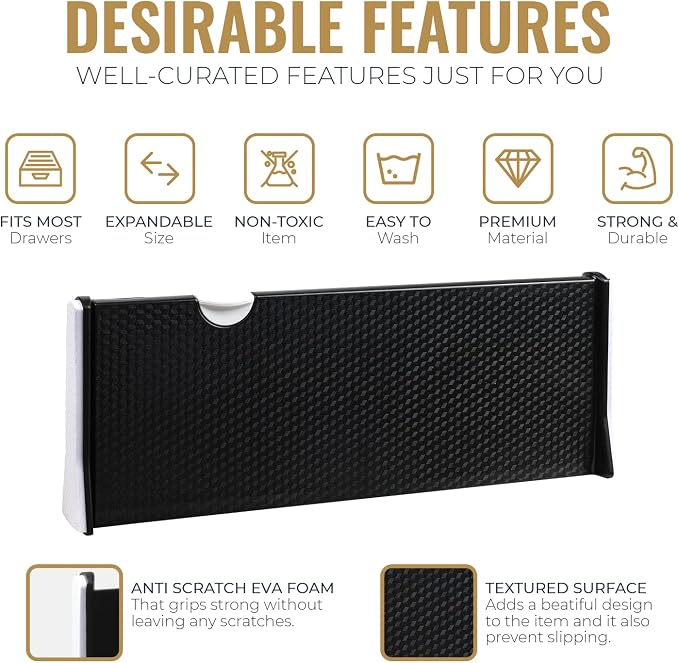 RAPTUROUS Adjustable Drawer Dividers 8 Pack, 4” High, 11-17” Long, Dresser Drawer Organizer for Bedroom, Closet, Kitchen, Nursery, Office, Strong Hold, Soft Foam Edges, Black - Image 4
